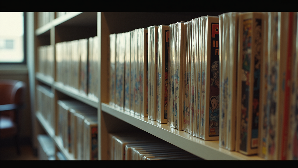 Eye-level view of a neatly organized shelf filled with vintage comic books in protective sleeves