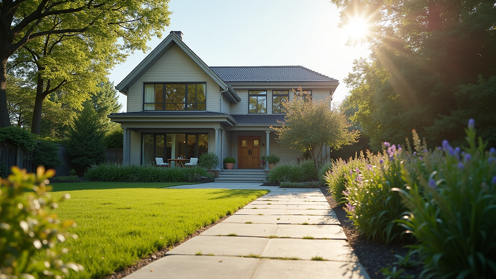 Eye-level view of a modern residential property with a well-maintained garden
