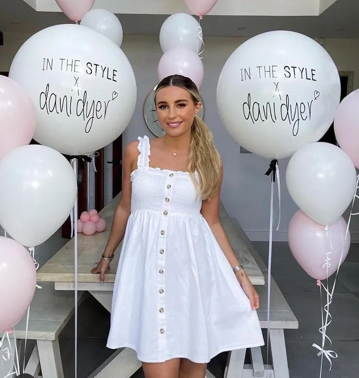 Dani Dyer Celebrity Advertising her new in the style range with logo 3ft white balloons