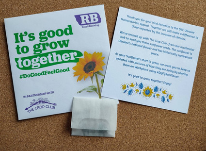 A packet of sunflower seeds and custom branded card made for a campaign to raise money for Ukraine.