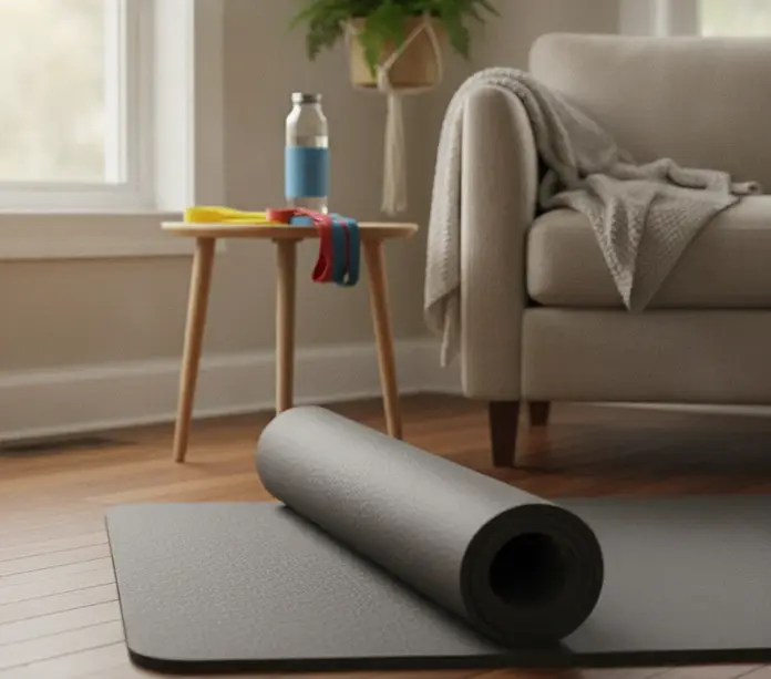 Salon lumineux avec tapis de yoga déroulé, bouteille d’eau et bandes de résistance sur une table, ambiance calme.