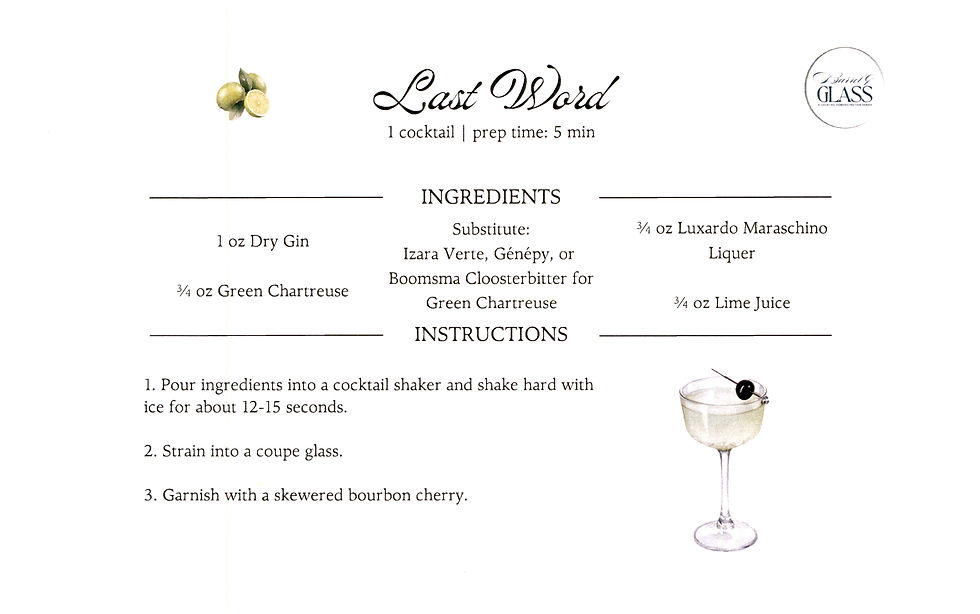 Last Word cocktail recipe card with ingredients and instructions, showing a coupe glass garnish and prep time 5 min.
