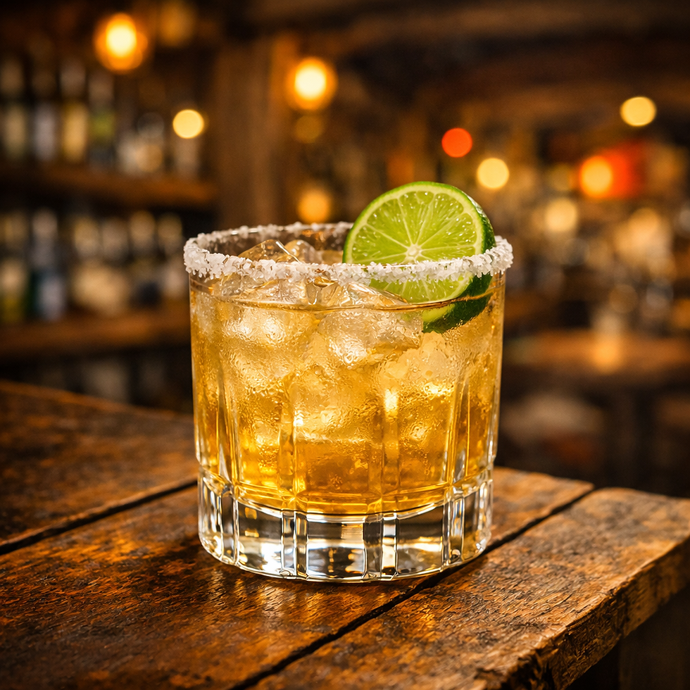 A short, salt‑rimmed glass rests on a rustic cantina table, glowing under warm lantern light. The Reposado Margarita shimmers golden, kissed by sunlight and softened by ice. A lime wheel leans against the rim, its green edge bright against the amber hue. Behind it, the cantina blurs into golden tones — laughter, music, and the slow rhythm of a good evening.