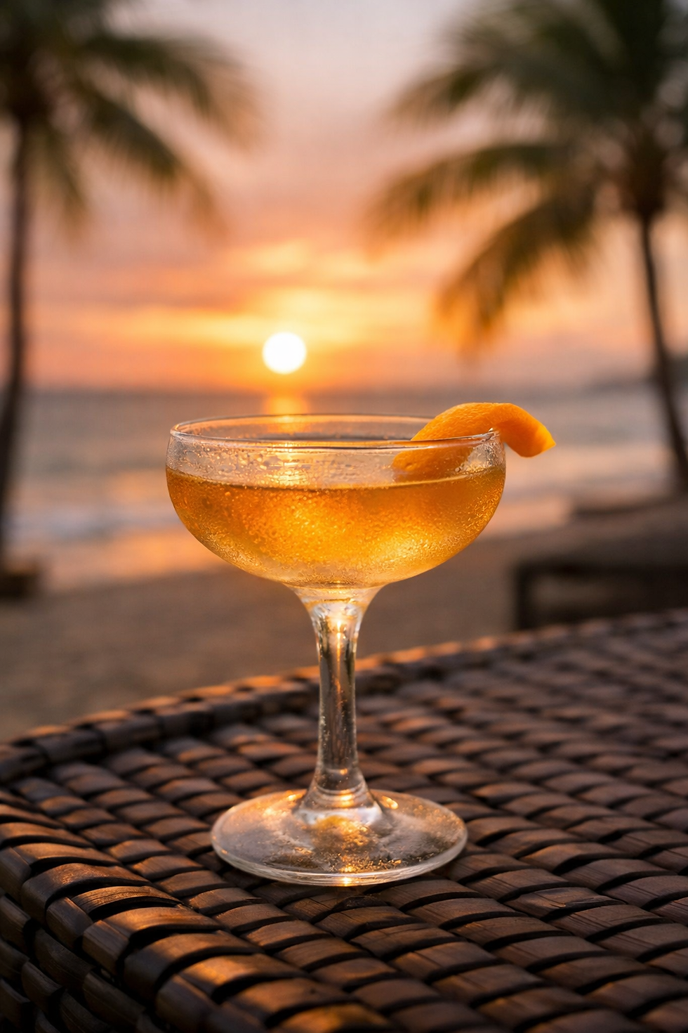 Cocktail in a coupe glass with orange garnish on a woven table, set against a tropical beach sunset with palm trees.