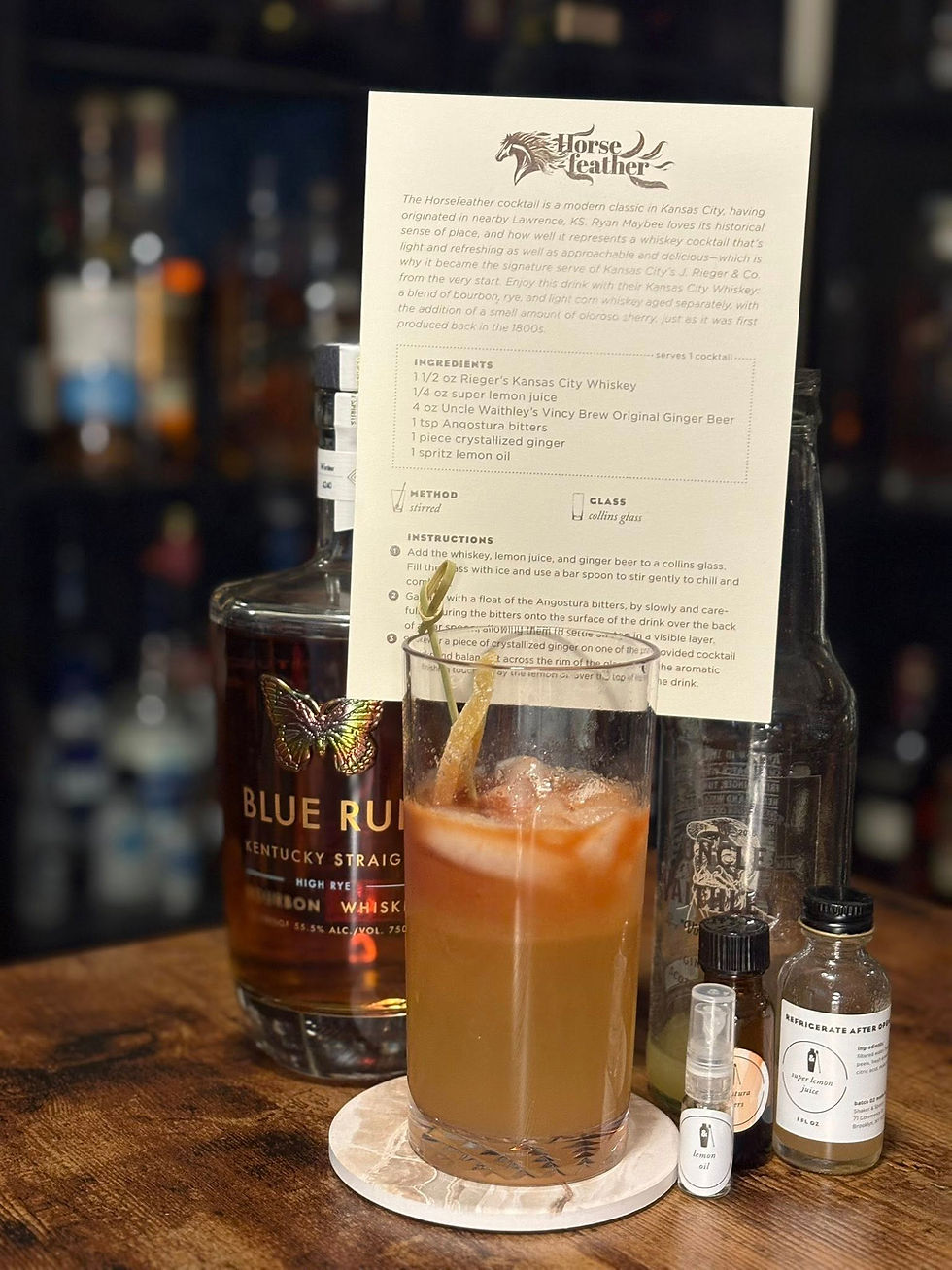 Cocktail recipe card for Horsefeather beside whiskey bottles and a citrus drink on a bar, with blurred liquor shelves behind.