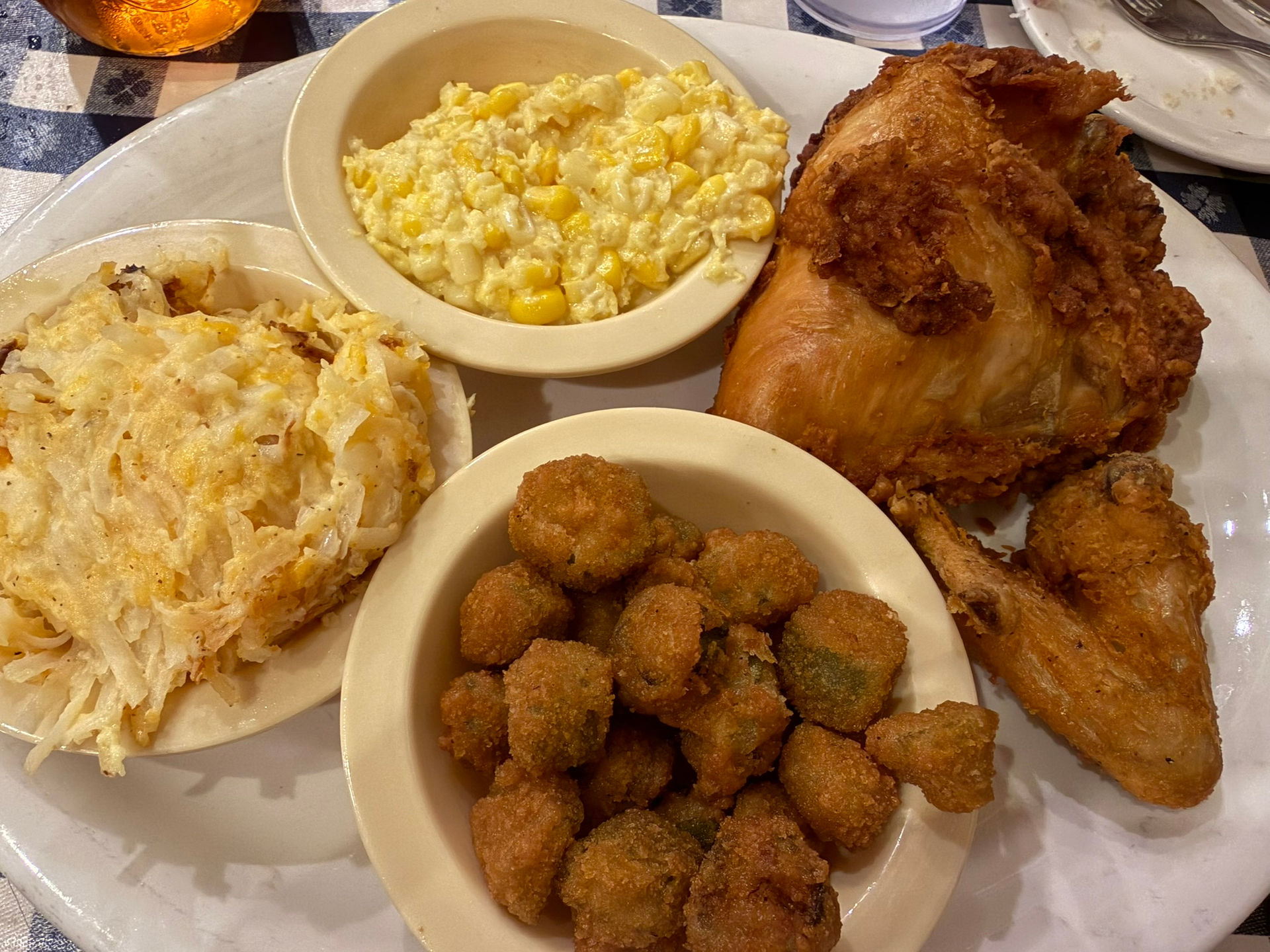 Loveless Cafe Fried Chicken with Hashbrown Casserole, Southern Creamed Corn, and Fried Okra