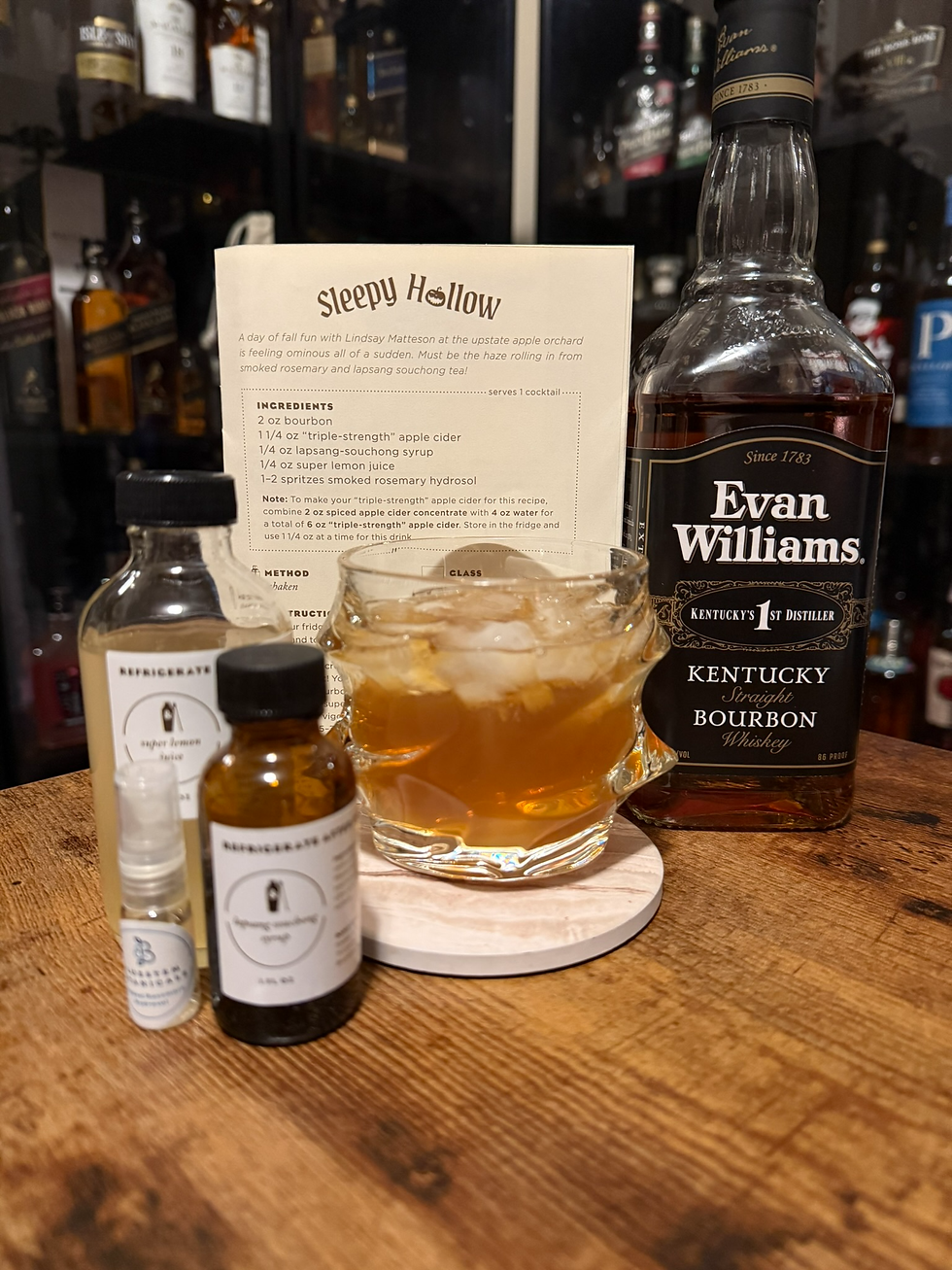 Whiskey cocktail ingredients and recipe card for Sleepy Hollow on a wooden bar, with Evan Williams bourbon and a glass of ice.