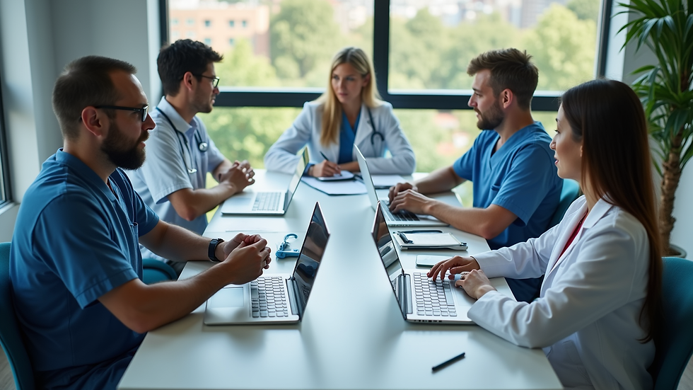 High angle view of a healthcare team meeting around a table with laptops and notes