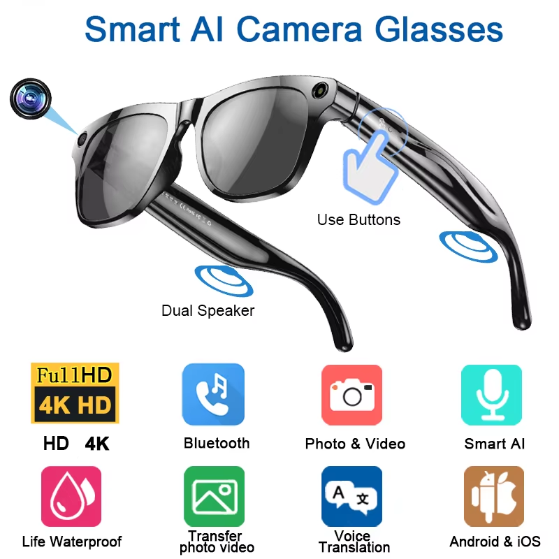 Thumbnail: 4K HD AI Smart Glasses 800w Pixel Multifunctional Camera Bluetooth Call Voice As