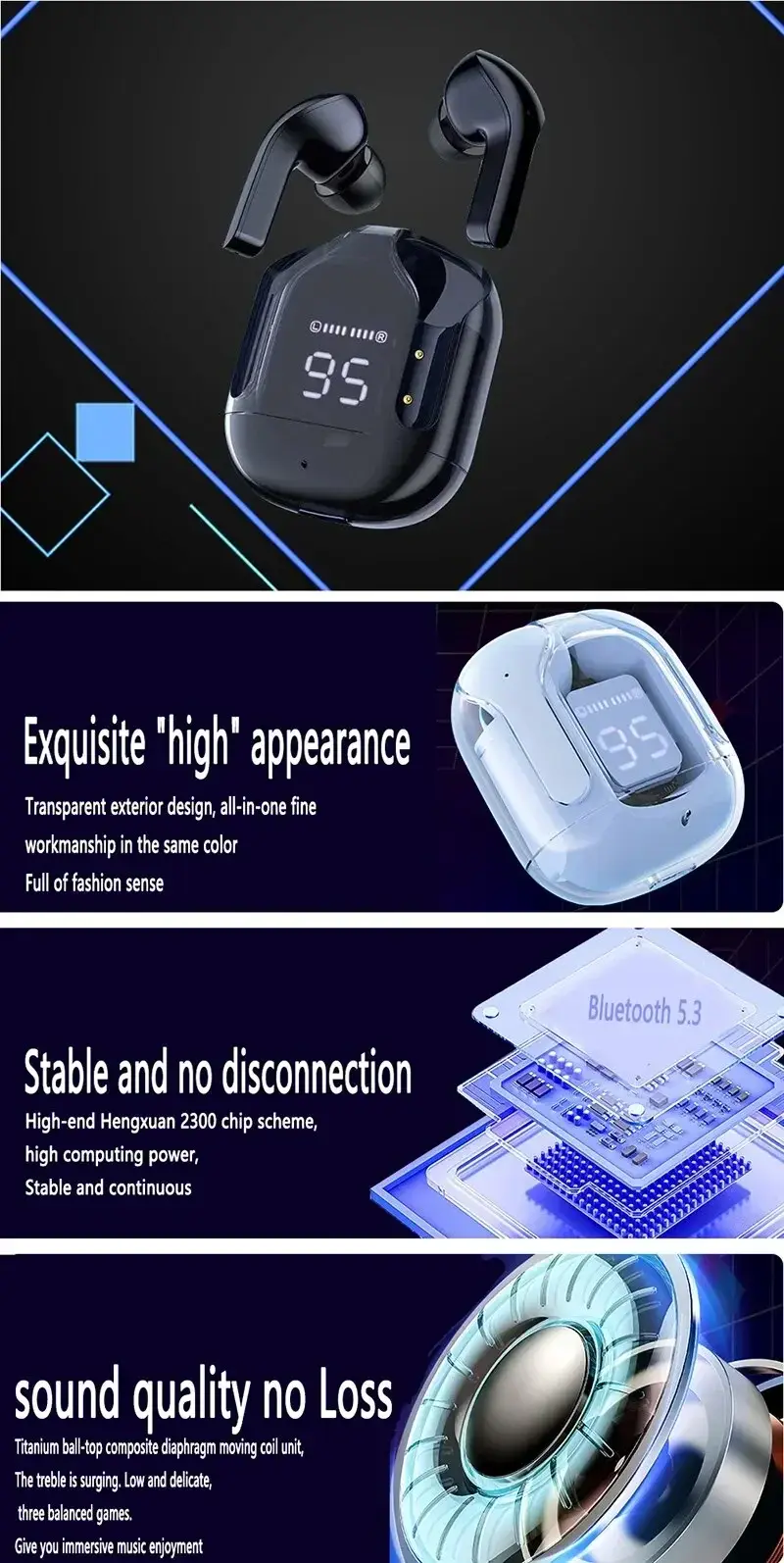 Thumbnail: Original T2 Wireless Bluetooth Earphone Transparent HIFI Headphones LED Power Di