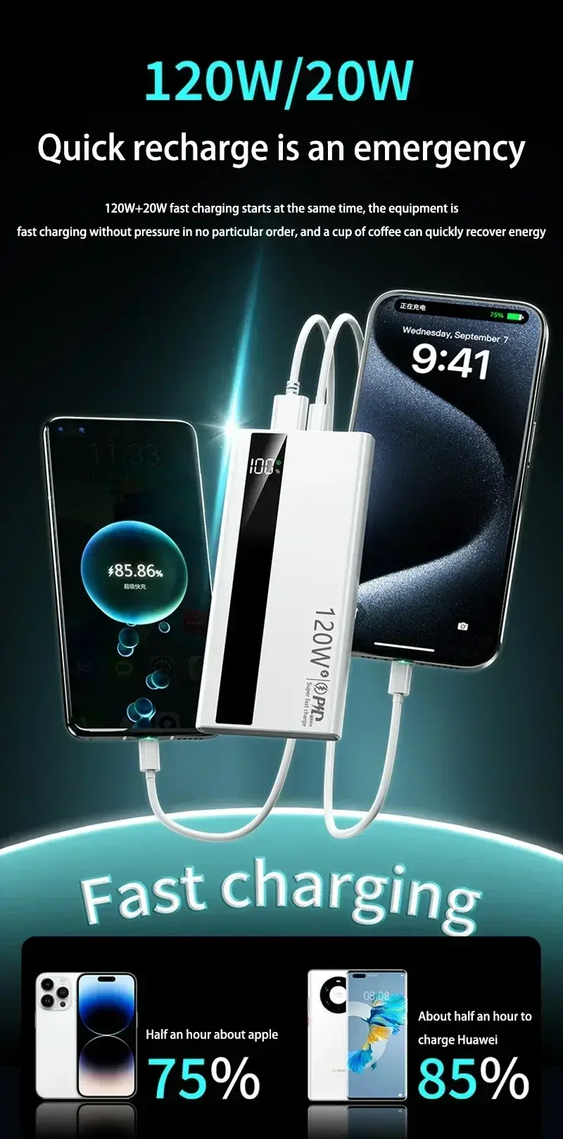 Thumbnail: 500000mAh Power Bank 120W Fast Charging Large Capacity Power Bank PD 20W Suitabl