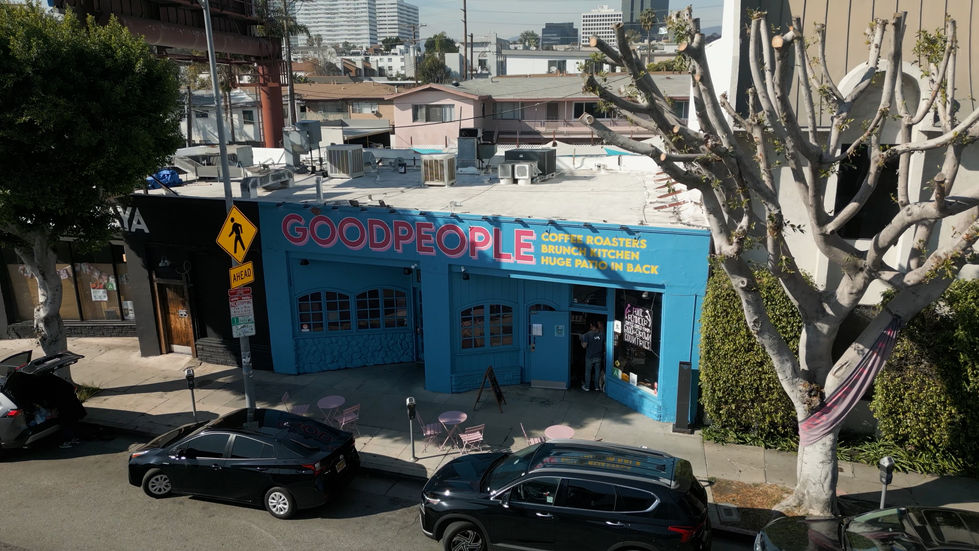 a blue building with the word good people on it