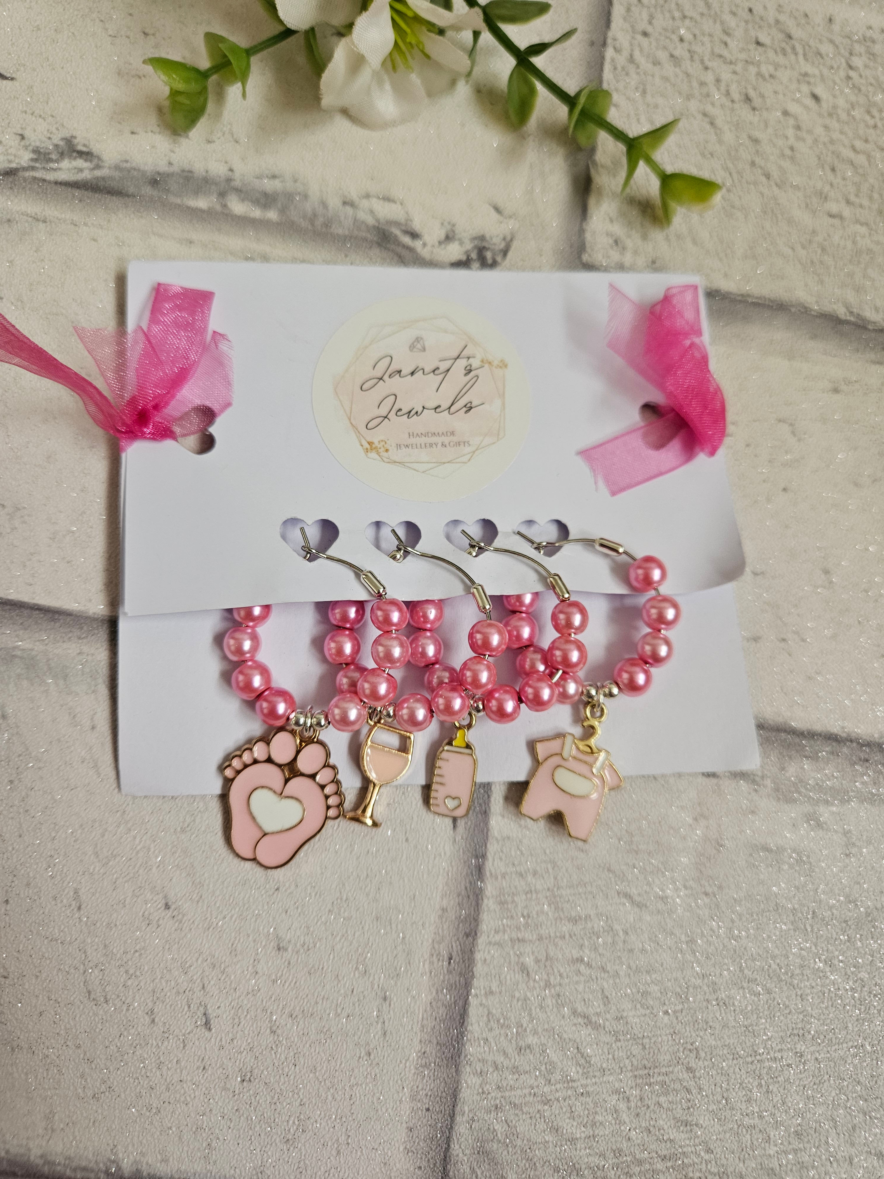 Pink Baby Shower / New Baby Wine Glass Charm Set