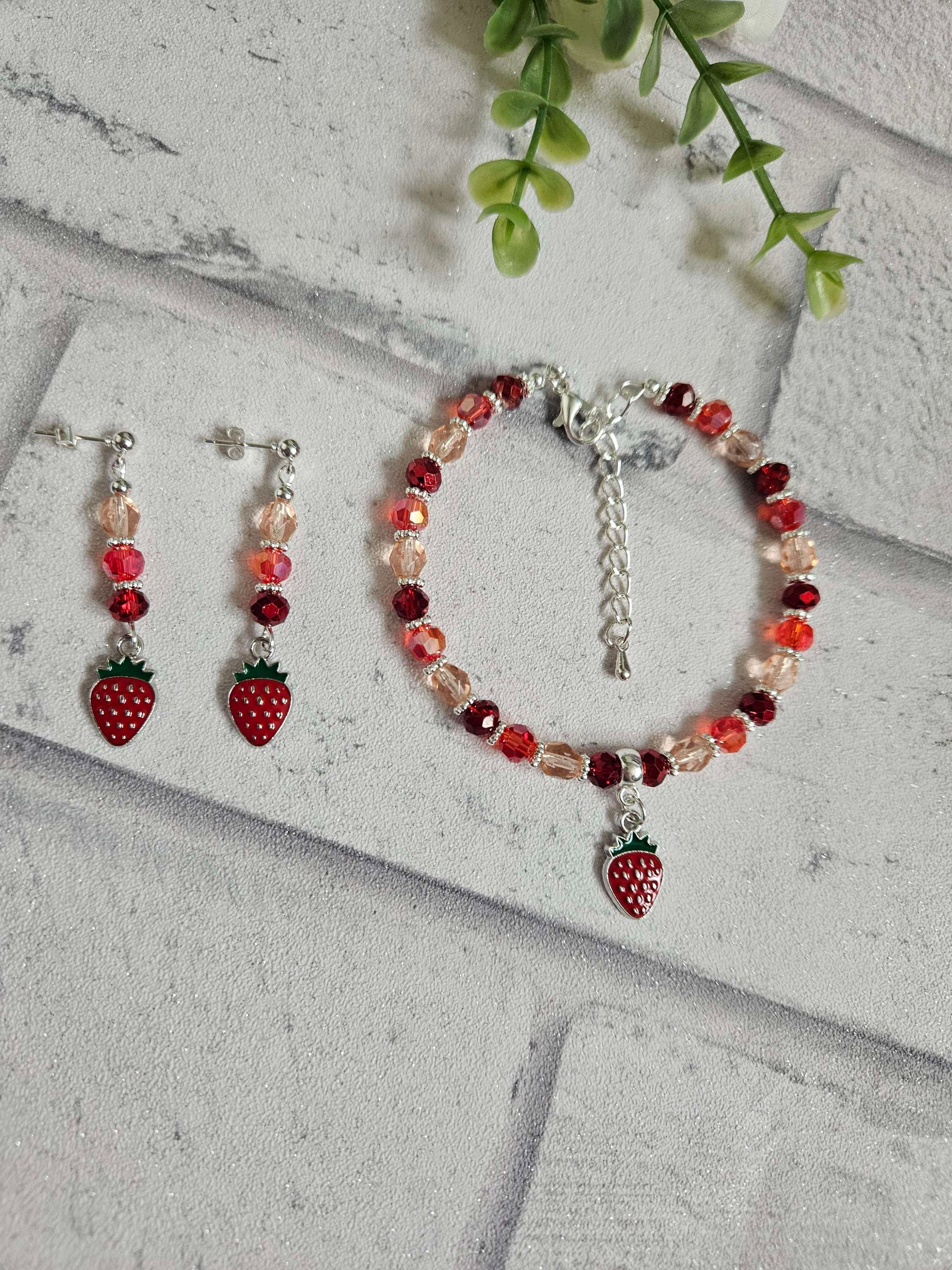 Red and Pink Strawberry Beaded Bracelet and Earring Jewellery Set