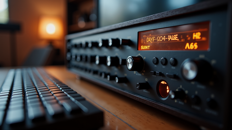 Close-up view of a digital guitar amp modeler with knobs and screen