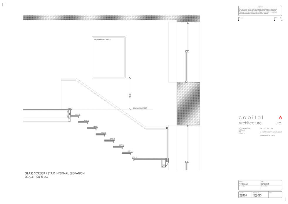 Drawing (05)023: Glass screen / stair internal elevation, Scale 1:20. Open risers allow daylight from the sash windows to reach deep into the lower hall. Drawing: Capital A Architecture Ltd.