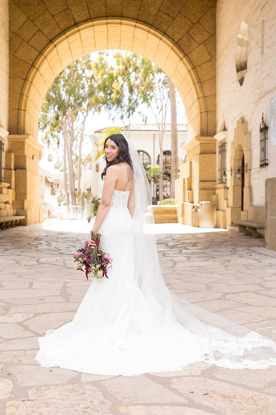 bride and groom portrait for Santa Barbara courthouse wedding