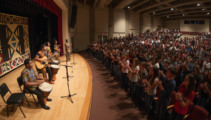 Wide-angle view of students watching a music and culture performance in a school auditorium