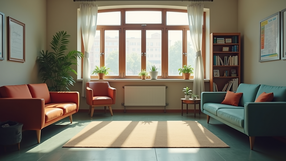 High angle view of a school counselor's office with comfortable seating
