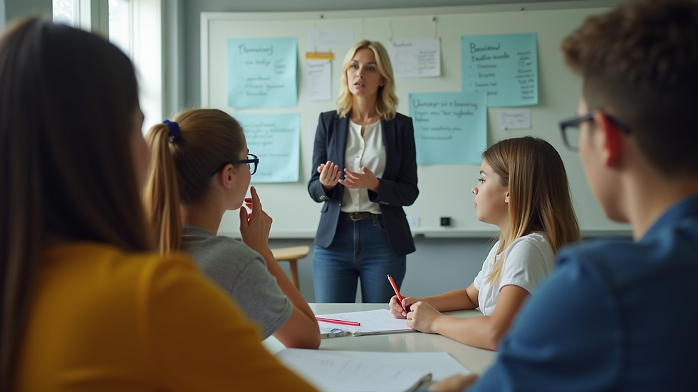 Close-up view of a teacher conducting a bullying prevention workshop with students