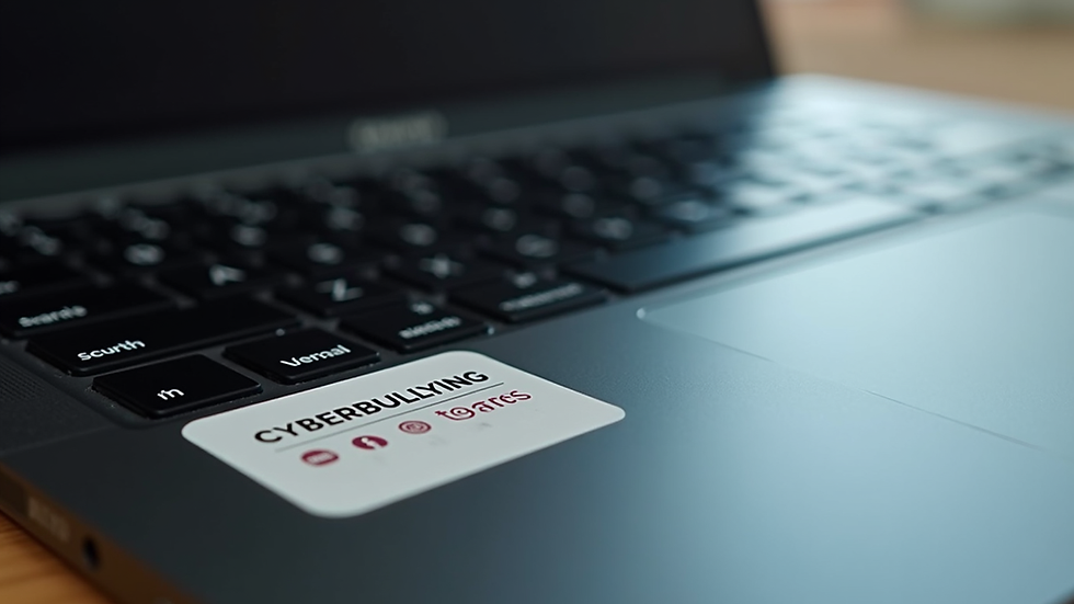 Close-up view of a laptop keyboard with a cyberbullying awareness sticker