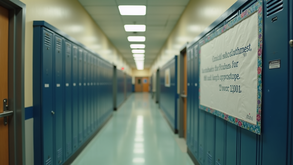 Eye-level view of a school hallway with lockers and a bulletin board about kindness