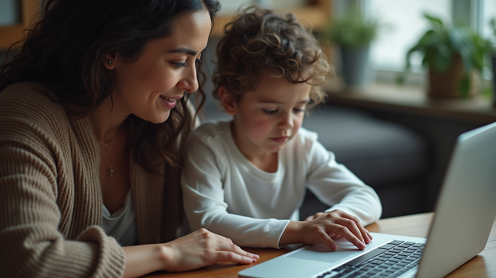 High angle view of a parent discussing online safety with a child