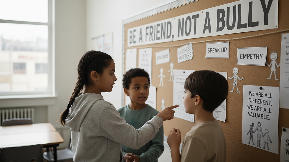 Close-up view of a classroom bulletin board with anti-bullying messages