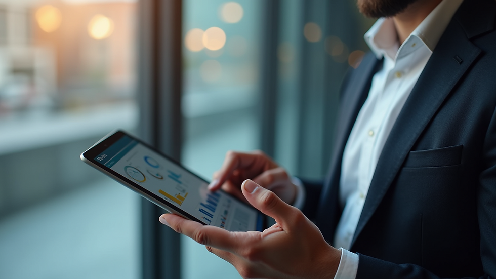 Close-up view of a project manager analyzing data on a tablet