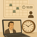 Agenda, relógio e chamada online, representando frequência semanal das sessões.