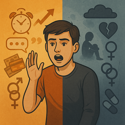 Pessoa dividida entre euforia e tristeza, simbolizando bipolaridade.