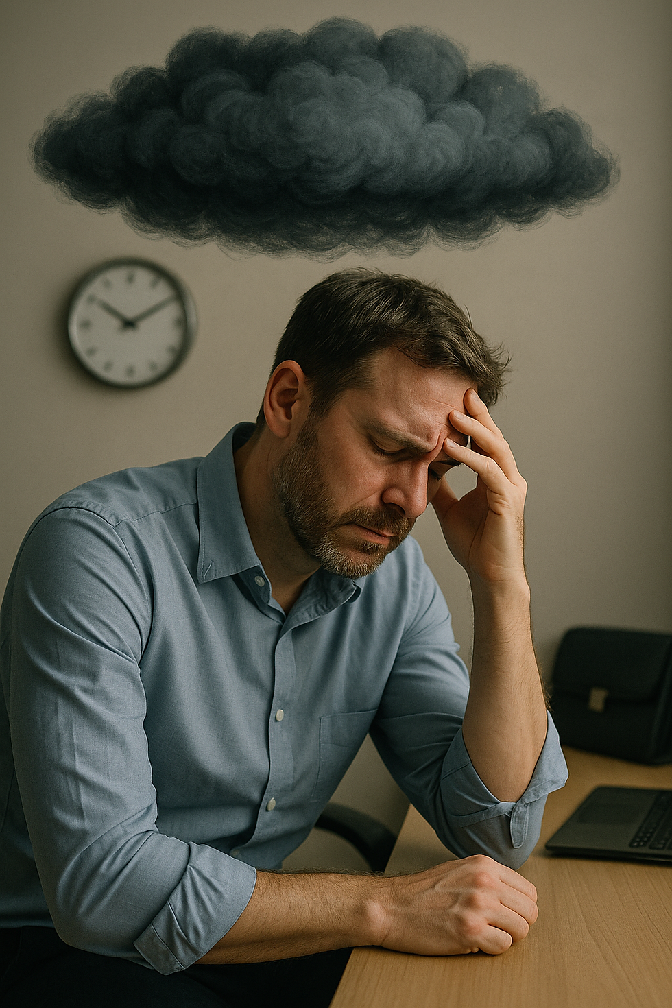 Fotografia realista de um homem branco de cerca de 40 anos, sentado em uma mesa de escritório com expressão de exaustão emocional. Ele apoia a testa na mão esquerda, olhos fechados e semblante tenso. No fundo, uma nuvem cinza escura paira acima da cabeça dele, simbolizando o peso psicológico. Um relógio e uma pasta de trabalho aparecem desfocados ao fundo.