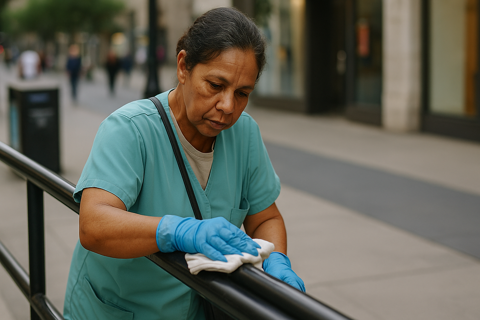 Mulher com pele escura e uniforme de limpeza varrendo uma calçada urbana nas primeiras horas da manhã, com luz suave e cenário de rua vazia, representando trabalhadores invisíveis em ação.