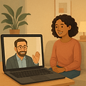 Mulher sorrindo em chamada de vídeo com terapeuta, simbolizando acolhimento online.