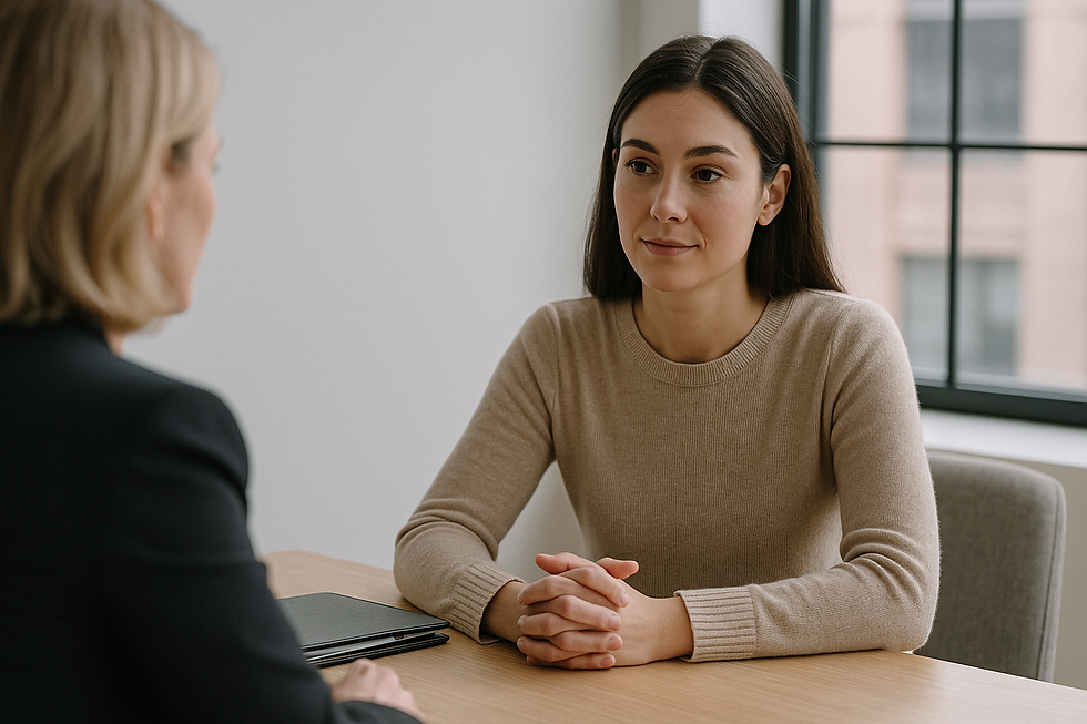 Duas pessoas sentadas em uma conversa de trabalho, com expressão tranquila e respeitosa, representando o ato de estabelecer limites com assertividade profissional.