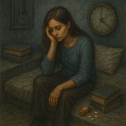 Mulher sentada com expressão de tristeza, rodeada por remédios e livros, simbolizando depressão.