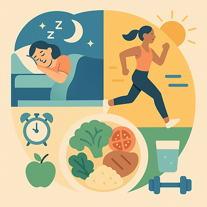 Ilustração de sono, alimentação saudável e atividade física.