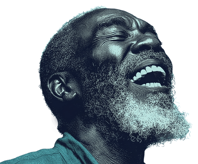 A stylized, duotone portrait of an older man with a white beard laughing with his head tilted back, set against a solid black background.