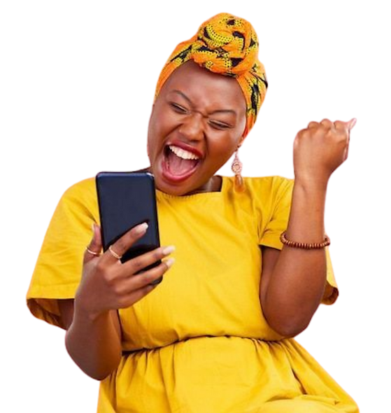 A woman wearing a yellow top and a matching patterned headwrap cheering excitedly while looking at her smartphone, with one fist raised in the air against a solid black background.