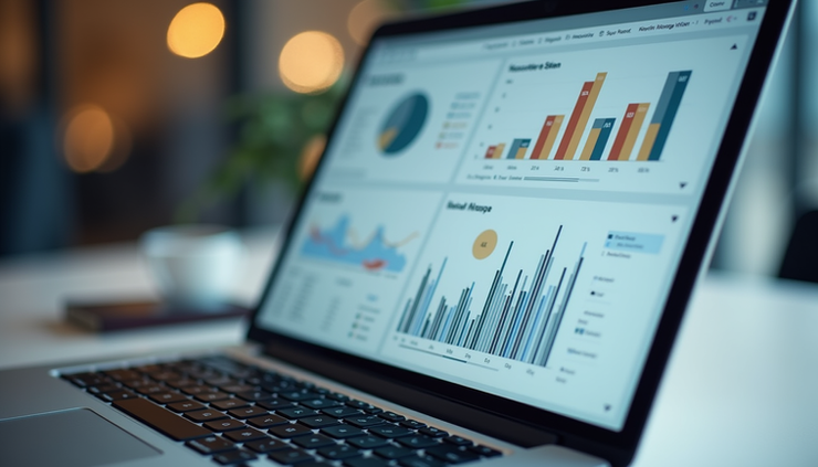 Eye-level view of a laptop screen showing integrated business dashboard with charts and graphs