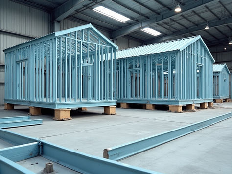 A group of blue modular house frames displayed in a warehouse setting, showcasing steel construction materials.