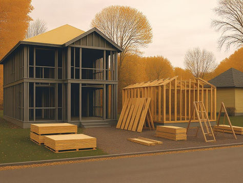 Construction site with two wooden house frames, stacks of lumber, and ladders. Autumn trees in the background create a warm atmosphere.
