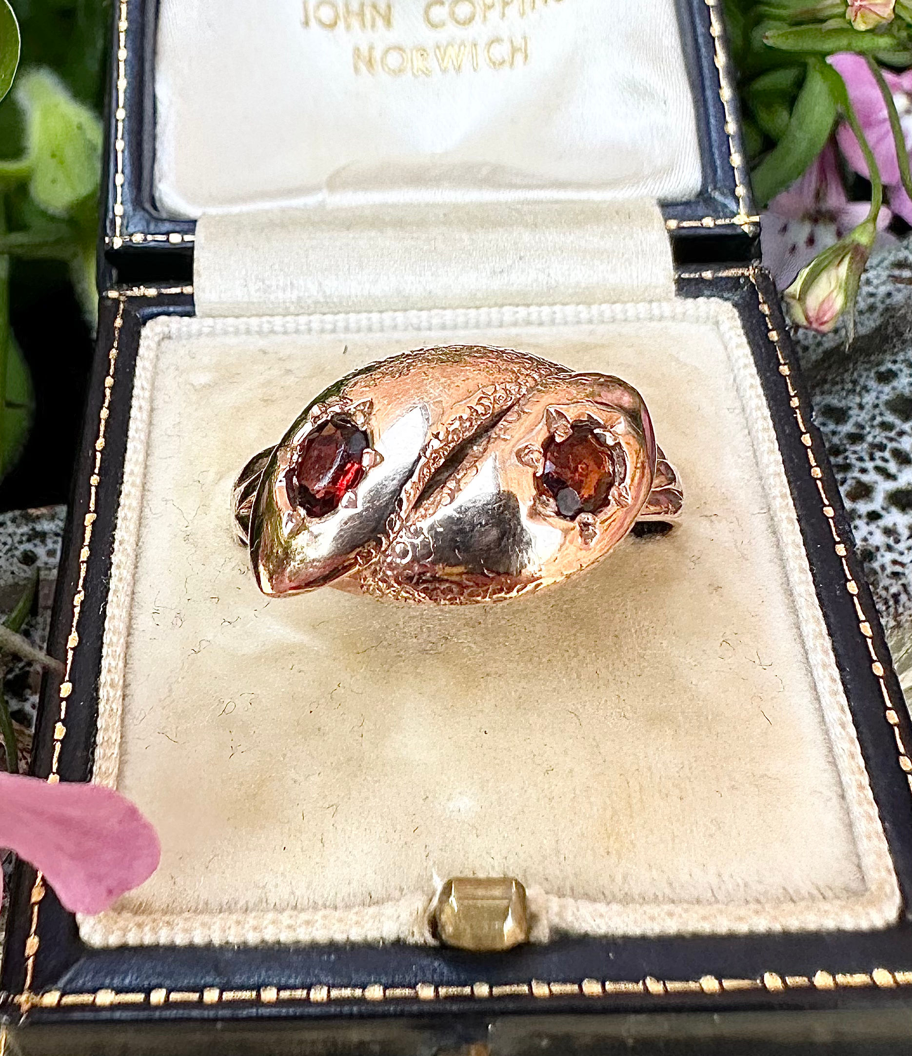 Antique 9ct Rose Gold Garnet Snake Ring