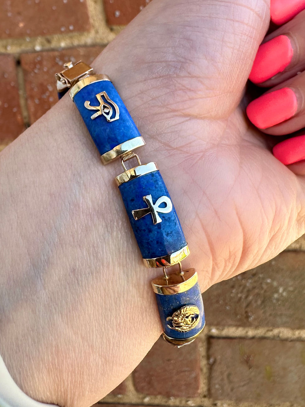 Thumbnail: Vintage 9ct Gold Lapis Lazuli Egyptian Iconography Bracelet