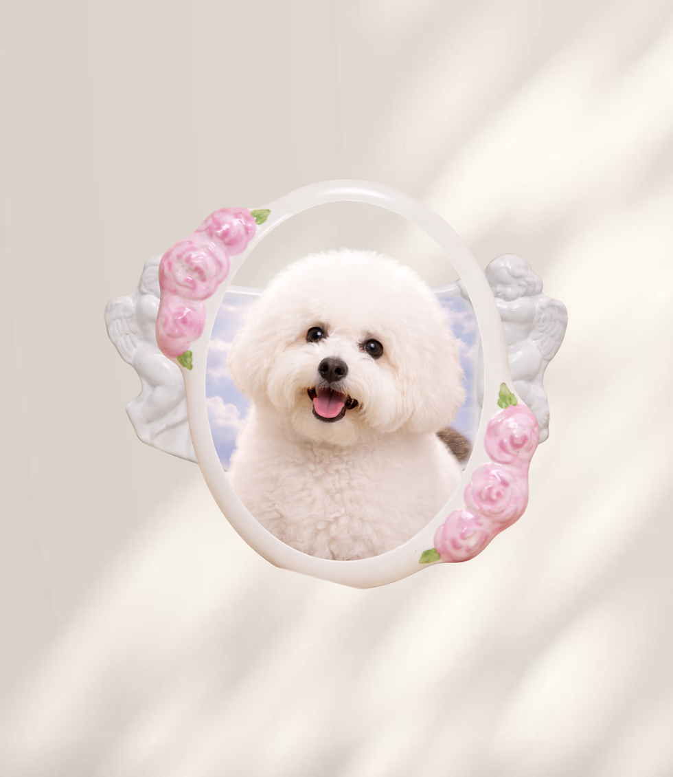 Fotoceramică ovală pentru animale, model cu trandafiri roz și îngerași