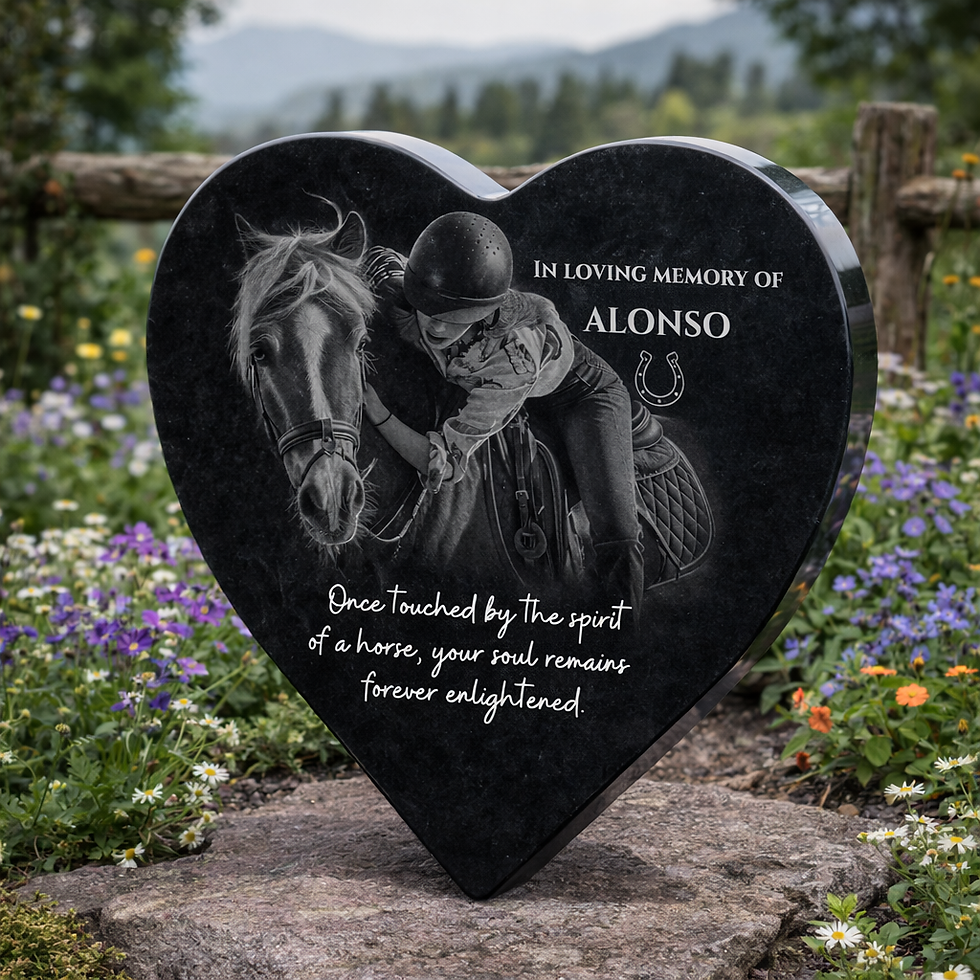 Memorial pentru animale din granit negru in forma de inima cu text si imagine fotogrvat
