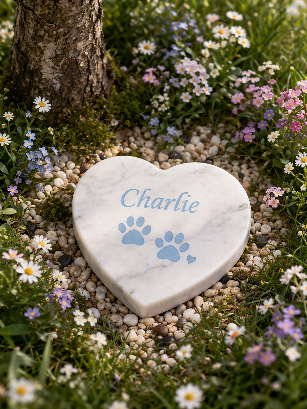 Memorial pentru animale, dimensiune mica, din marmura, in forma de inima, cu text personalizat si element decorativ 