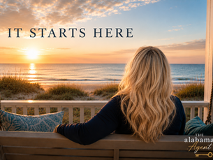 Teri Dyess, The Alabama Agent, overlooking the Gulf of Mexico in Gulf Shores, Alabama, with the phrase “It Starts Here.”
