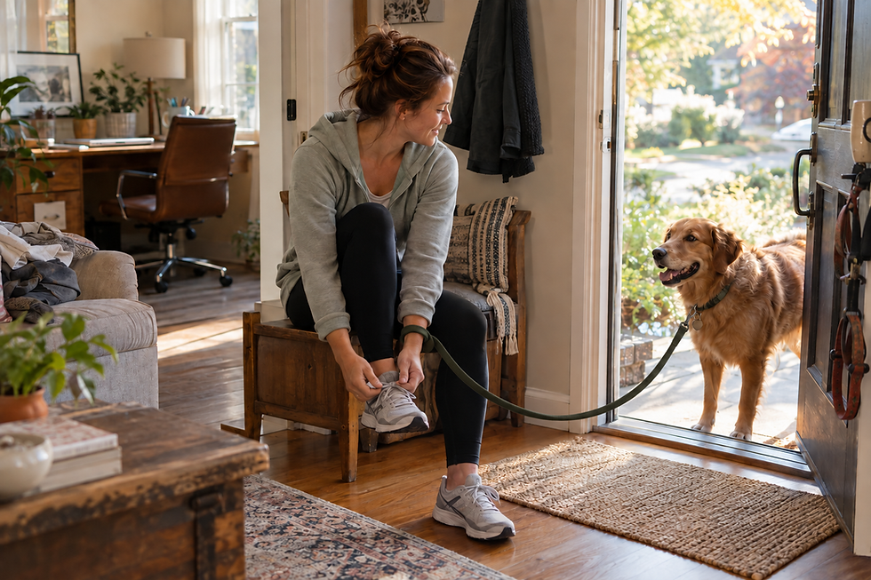 Woman takes a moment for herself by going for a run, with her dog. She's recently learned the importance of small rituals.