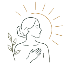 Line illustration of a woman in profile with sunrays and a leaf, symbolizing self-reflection and renewal